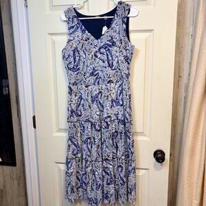 Tahari Women's Paisley Sleeveless V-Neck Dress Blue White Size M